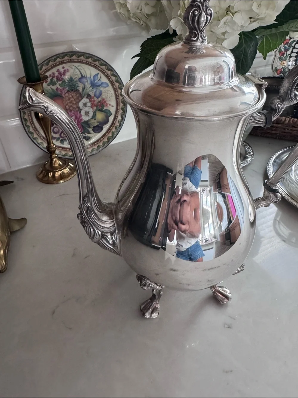 Sheridan Silver Co Silver Plated Tea Pot Silver On Copper Flower Design 4 Footed